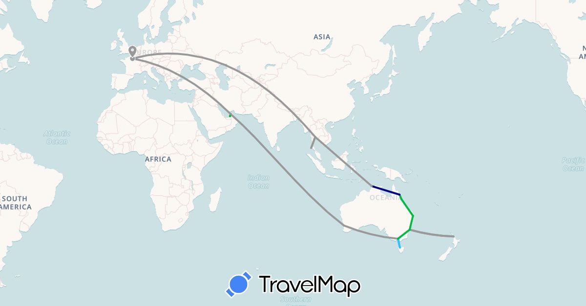 TravelMap itinerary: driving, bus, plane, boat in United Arab Emirates, Australia, France, New Zealand, Thailand (Asia, Europe, Oceania)